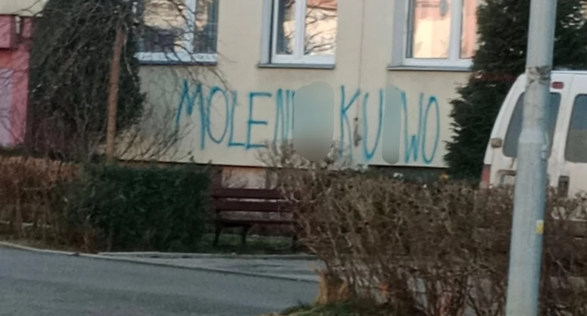 Absurdy, Wandal oszpecił elewację budynku wymownym napisem - zdjęcie, fotografia