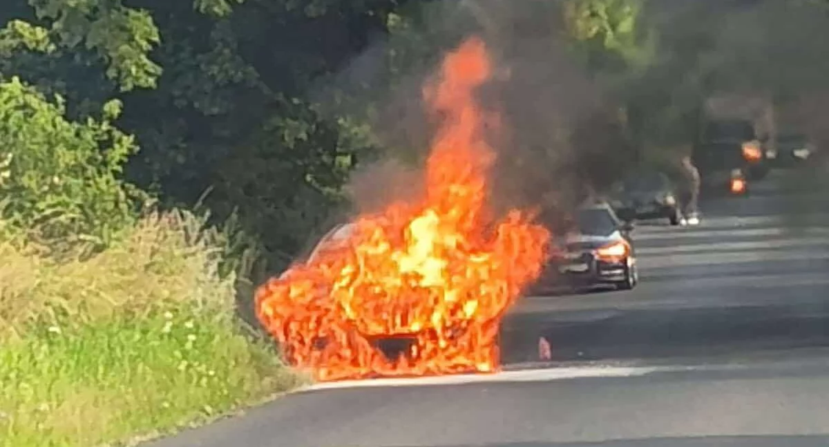 Pożary, Samochód stanął płomieniach drodze kierunku Wojanowa - zdjęcie, fotografia