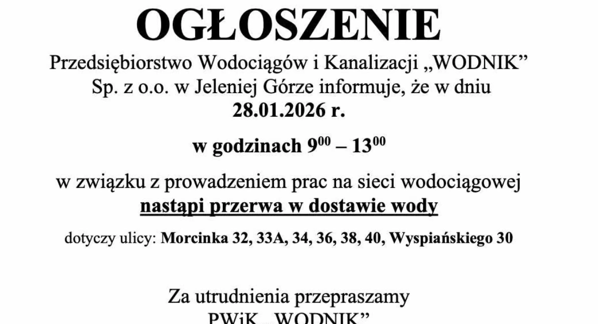 Ważne komunikaty, Planowana przerwa dostawie - zdjęcie, fotografia
