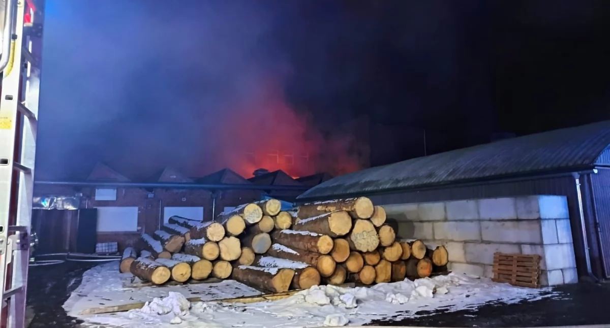 Pożary, Pożar stolarni Gryfowie Śląskim miejscu liczne zastępy straży pożarnej - zdjęcie, fotografia