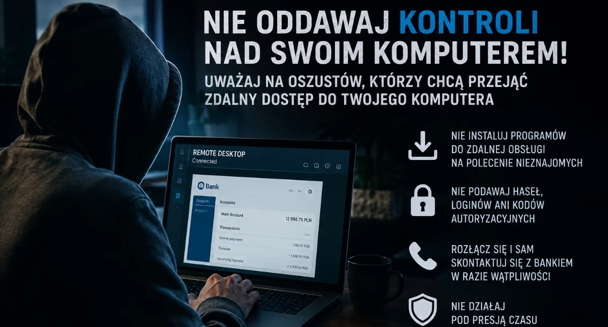 Bezpieczeństwo, oddawaj obcym kontroli komputerem Policja ostrzega przed nową falą oszustw - zdjęcie, fotografia